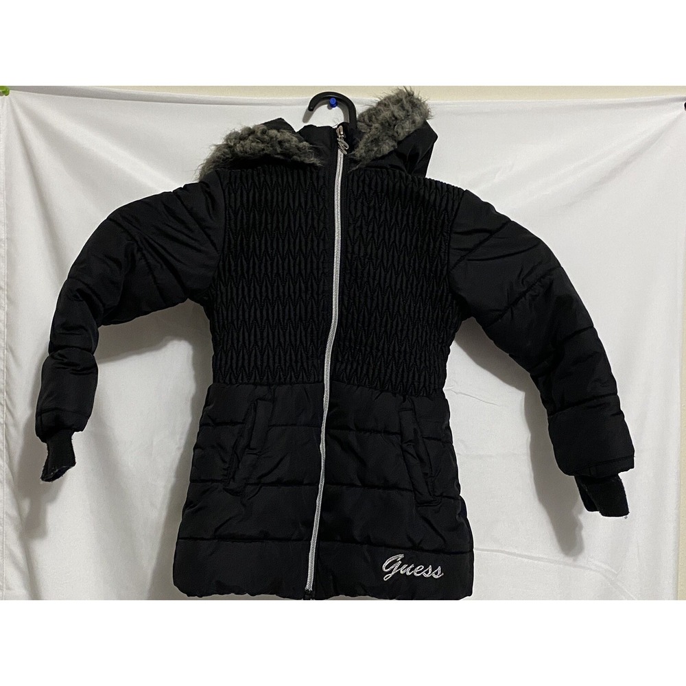 Guess Girls Jacket Size 5/6 Medium Guess Kids Black Coat with Hood